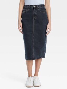 NWT Size 0 Universal Thread Black Gray Wash Denim Jean Midi Back Slit Skirt